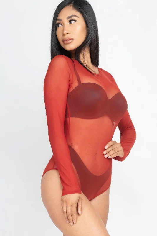 Button - Front Bodysuits with a Classic and Timeless AppealSexy Sheer Mesh Long Sleeve Bodysuit