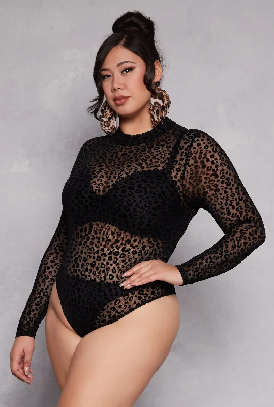 Lace Bodysuits for a Sexy and Elegant Bedroom LookPlus Size Mesh Velvet Burnout Leopard Print Bodysuit