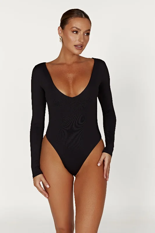 Sleeveless Bodysuits for a Cool and Casual Summer LookNia Long Sleeve V Neck Bodysuit - Black