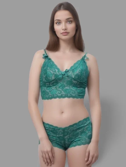 printed panties for women with unique patternsGreen Lace Bra & Panty Lingerie Set by Shararat