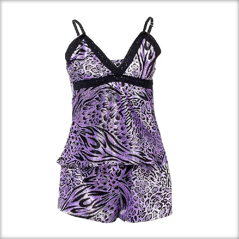 solid color women camisoles & tanks for easy matchingPurple Cheetah Print Satin Camisole Set