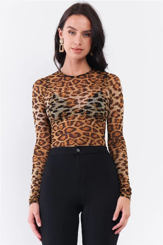 Printed Bodysuits with Floral Patterns for a Feminine VibeBrown Leopard Print Sheer Mesh Crew Neck Long Sleeve Bodysuit