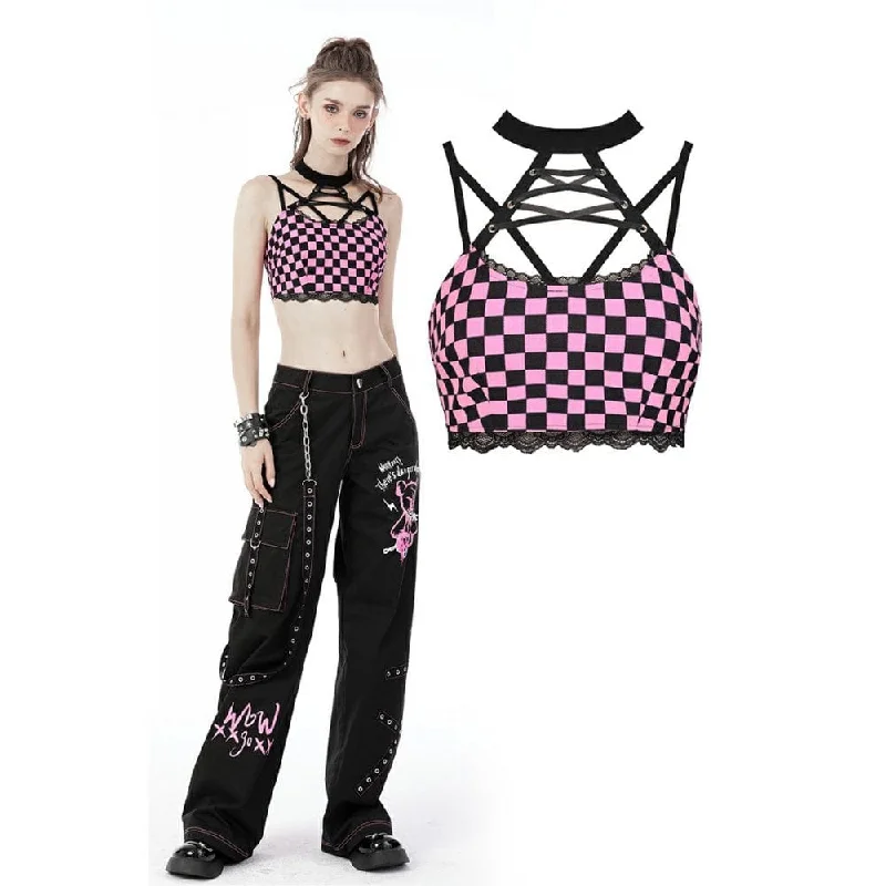 back lacing women bustiers and corsetsWomen's Grunge Halterneck Black Pink Plaid Bustier