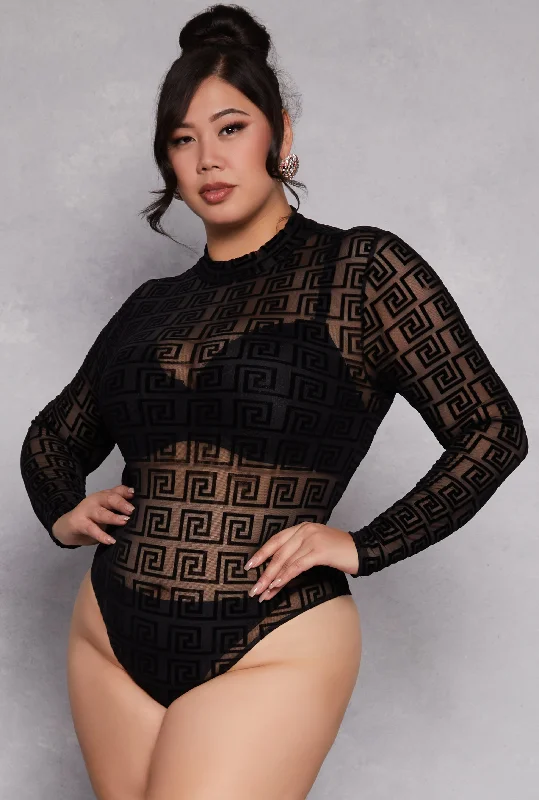 Cut - Out Bodysuits for a Trendy and Fashion - Forward StylePlus Size Mesh Velvet Burnout Greek Key Bodysuit