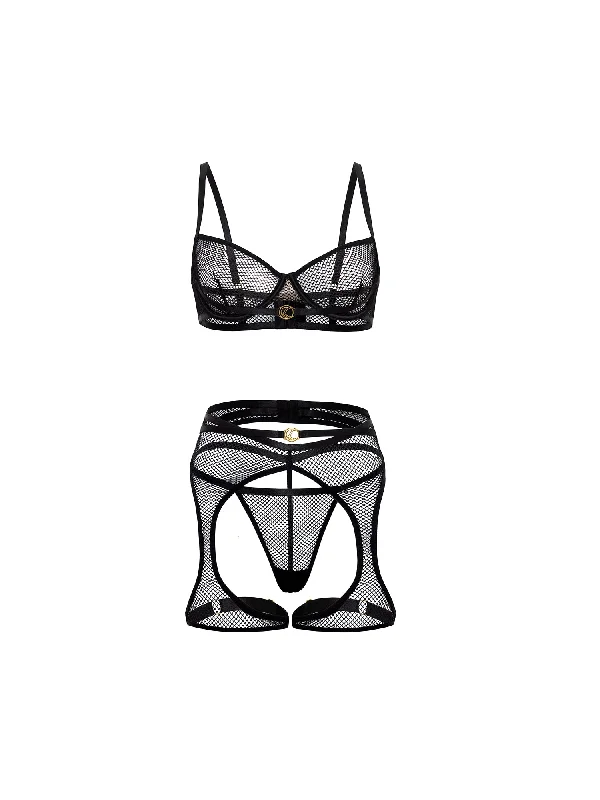 lace trimmed women bra and panty setsAlena Fishnet 3 Piece Bra Set