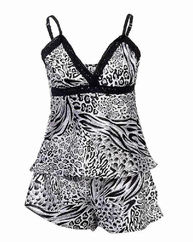 high low hem women camisoles & tanks for a unique lookBlack & White Cheetah Print Satin Camisole Set