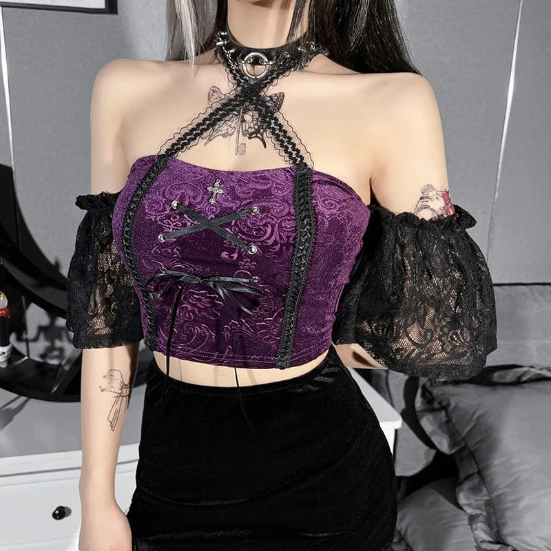 designer women bustiers and corsets collectionsWomen's Gothic Halterneck Lace Sleeved Velet Bustier