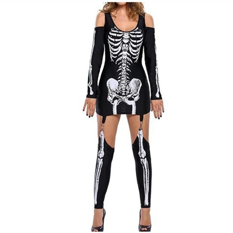 women cosplay costumes for stage - showsSkull Skeleton Print Sexy Off-shoulder Halloween Costume Dark Performance Costume