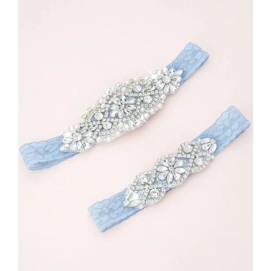 handmade women garters craftsmanshipAdelaide Crystal and Lace Garter Set Dusty Blue C01S-C02S