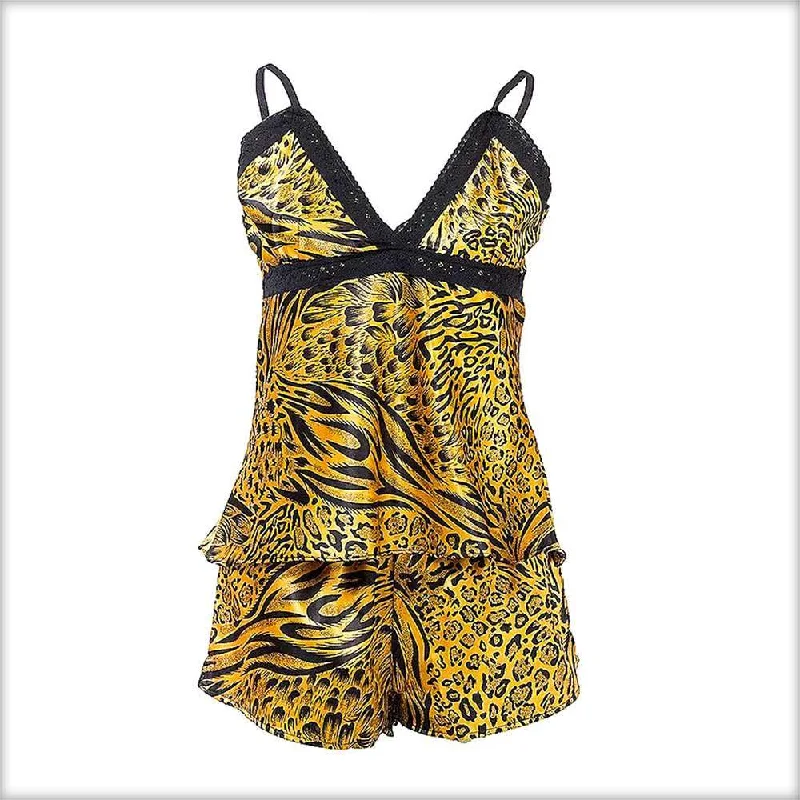 seamless women camisoles & tanks for a smooth lookYellow Cheetah Print Satin Shorts & Camisole Set