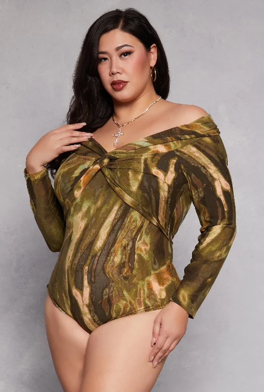 Long - Sleeve Bodysuits for Cold Weather LayeringPlus Size Printed Pattern Twist Front Bodysuit