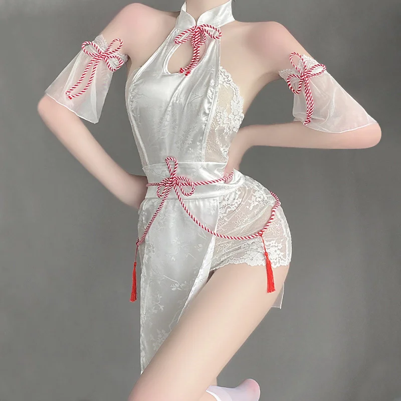 satin women sexy lingerie textureYomorio Sexy Lace Chinese Style Lingerie Cosplay Costume White Backless Anime Dress