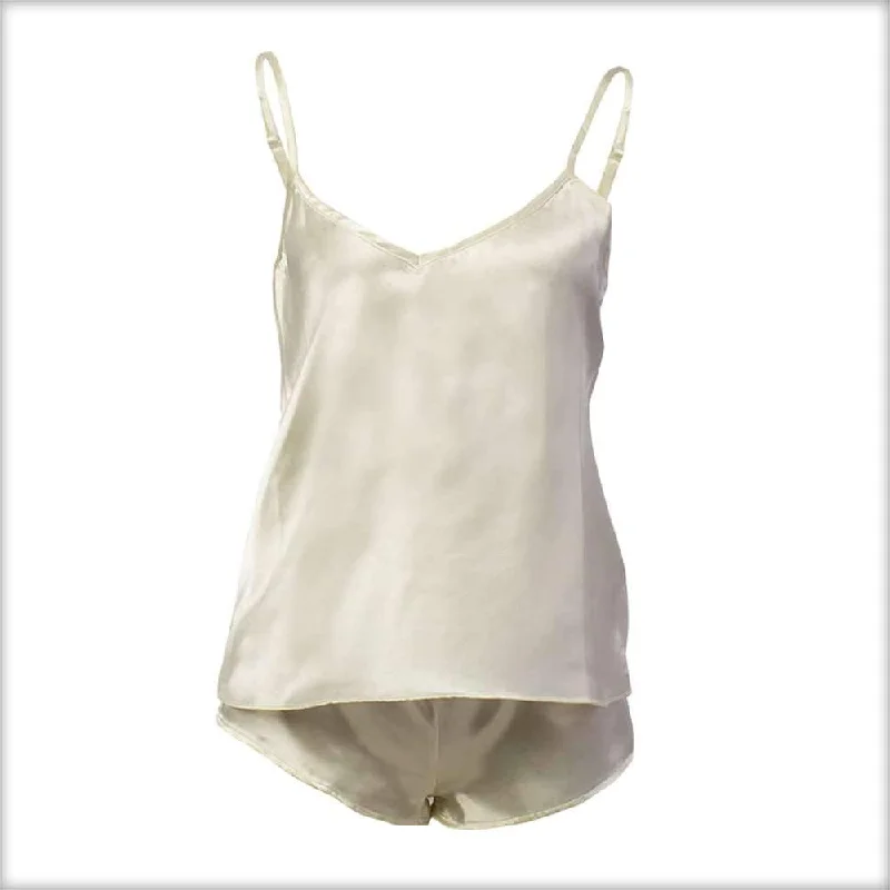 open back women camisoles & tanks for a stylish twistOff-White Satin Camisole Set with Shorts