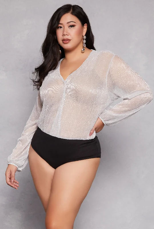 Metallic Bodysuits for a Glitzy and Glamorous Night OutPlus Size Lurex Surplice Bubble Sleeve Bodysuit