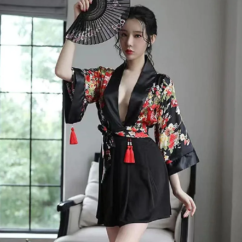 high cut women sexy lingerieJapanese Kimono Costume Sexy Floral Robe Deep V Semi Sheer Lingerie