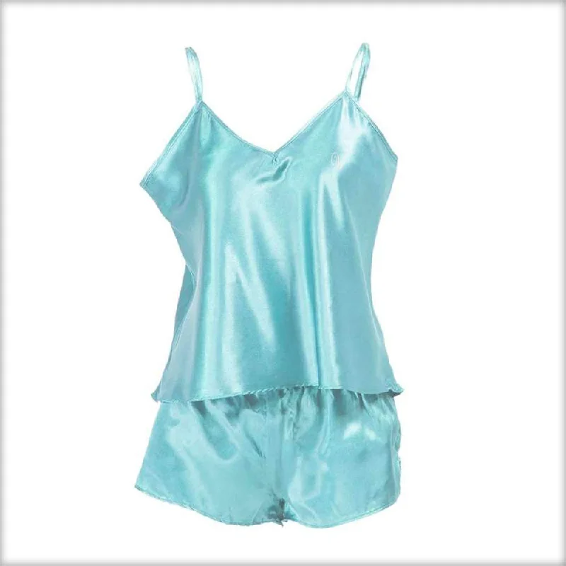 geometric pattern women camisoles & tanks for modern fashionSky Blue Satin Camisole Set with Shorts