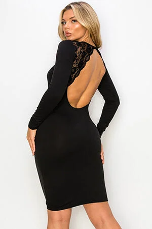 women sexy dresses with ruched sleevesBlack Backless Lace Trim Midi Long Sleeve Dress