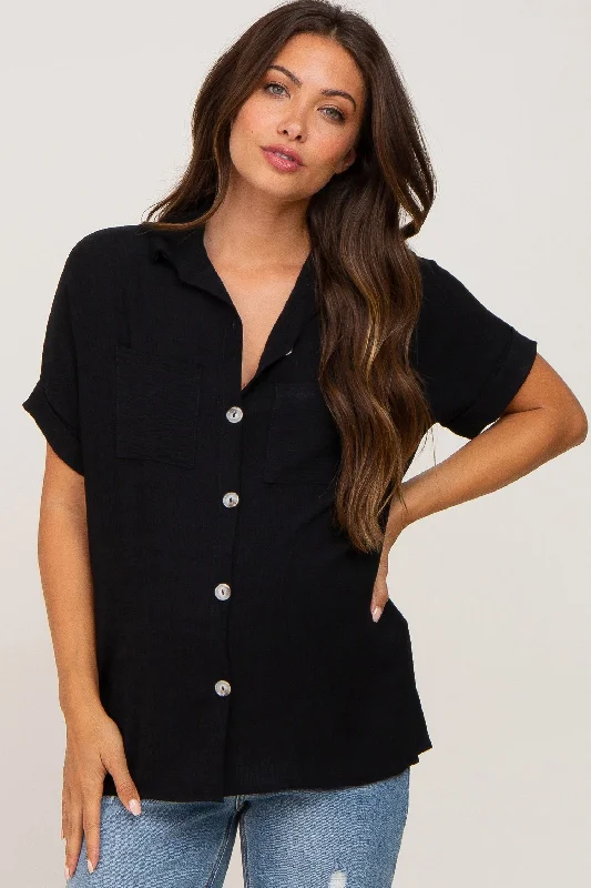 eco - friendly material women nursing braBlack Collared Button-Down Short Sleeve Maternity Blouse