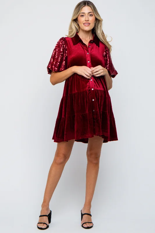 nursing bra for first - time momsBurgundy Velvet Tiered Sequin Short Sleeve Maternity Dress