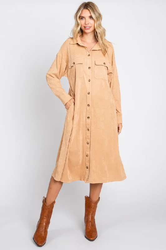 best - selling women nursing braCamel Knit Corduroy Button Down Midi Dress