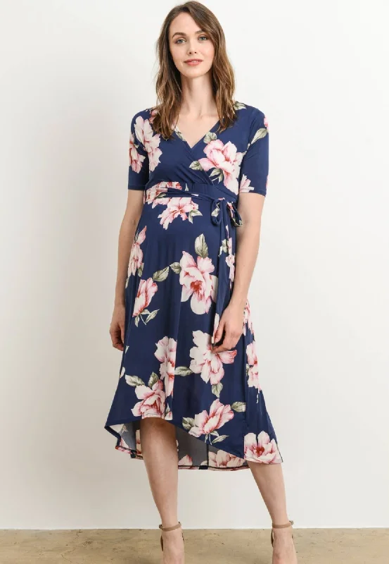 travel friendly women nursing braFloral Print High-Low Maternity Nursing Wrap Dress