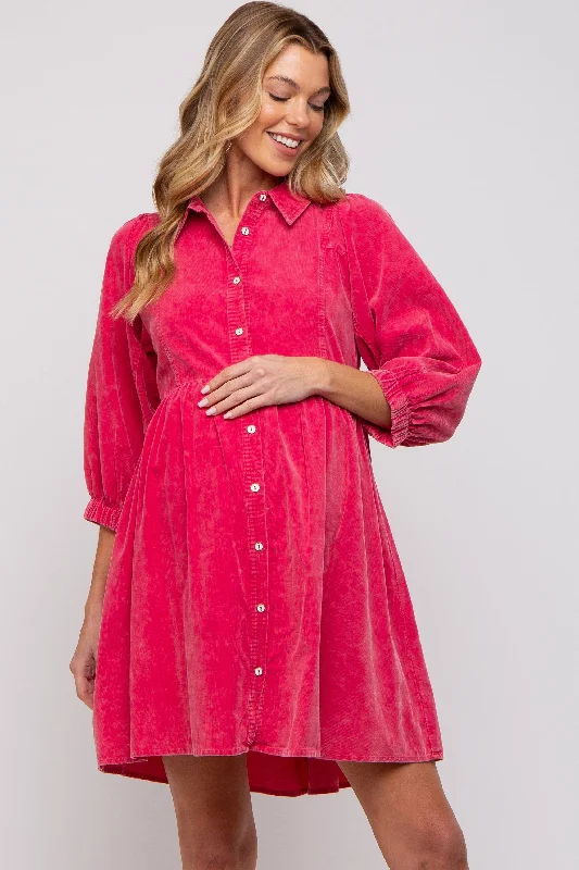 nursing bra for working momsFuchsia Corduroy Button Down Collared Maternity Dress