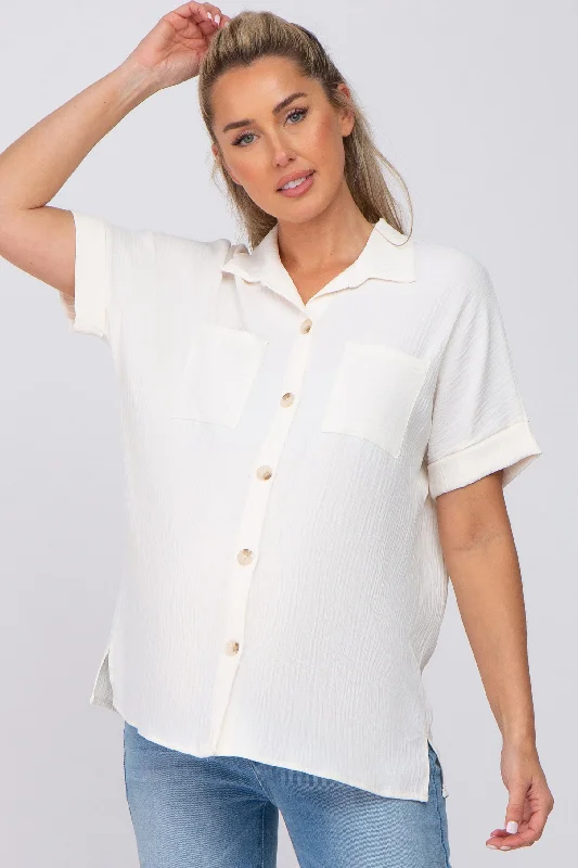 hand wash only women nursing braIvory Collared Button-Down Short Sleeve Maternity Blouse