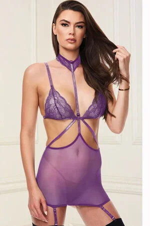 women sexy dresses with balloon sleevesPurple 2 Piece Strappy Mini Dress and G-String Set