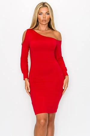 women sexy dresses with peplum accentsRed Half Heart Asymmetric Long Sleeve Midi Dress