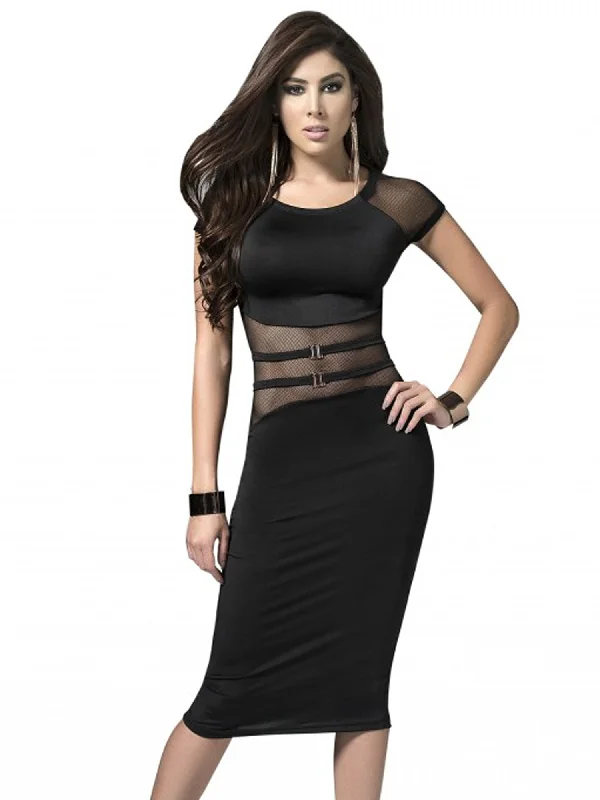 women sexy dresses with long sleeves for winterShort-sleeved Dress with Mesh Abdomen Insert