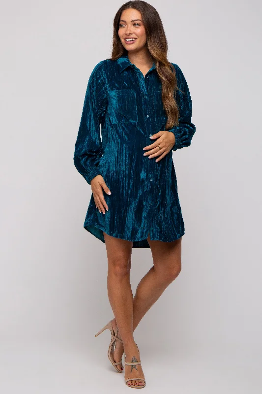 printed pattern women nursing braTeal Velour Button Up Maternity Dress