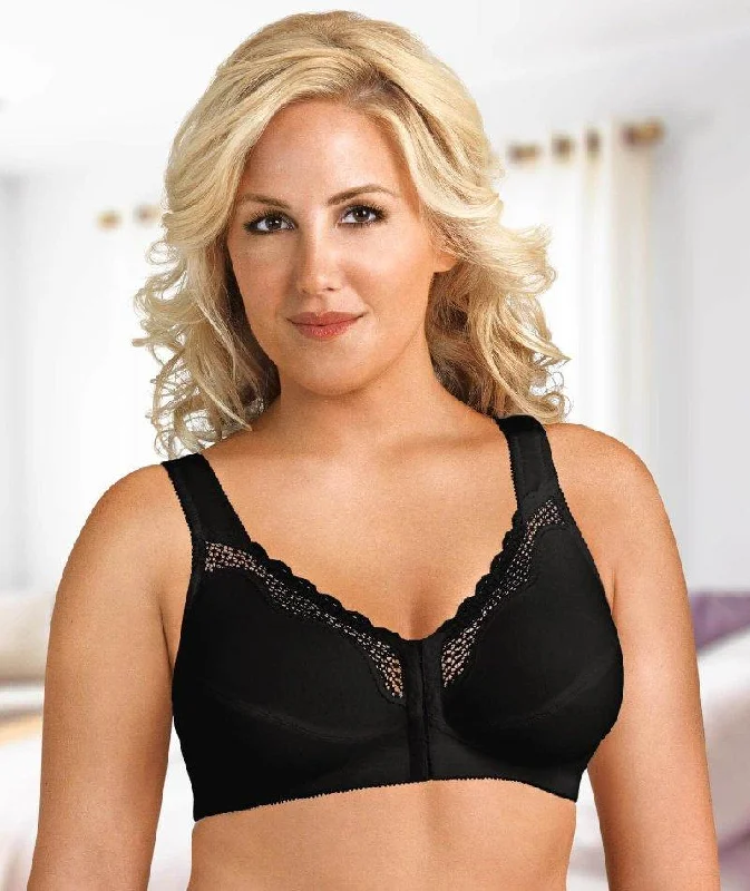 underwire bras with maximum supportExquisite Form Fully Front Close Wire-Free Cotton Posture Bra With Lace - Black