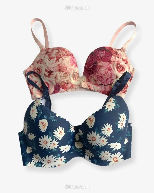 lace balconette bras for a luxurious feelT-Shirt Bra -  Flower Design Soft Padded Imported Stocklot Branded Pushup Bra - Non Wired Bra -Double Padded Bra - Pack of 2